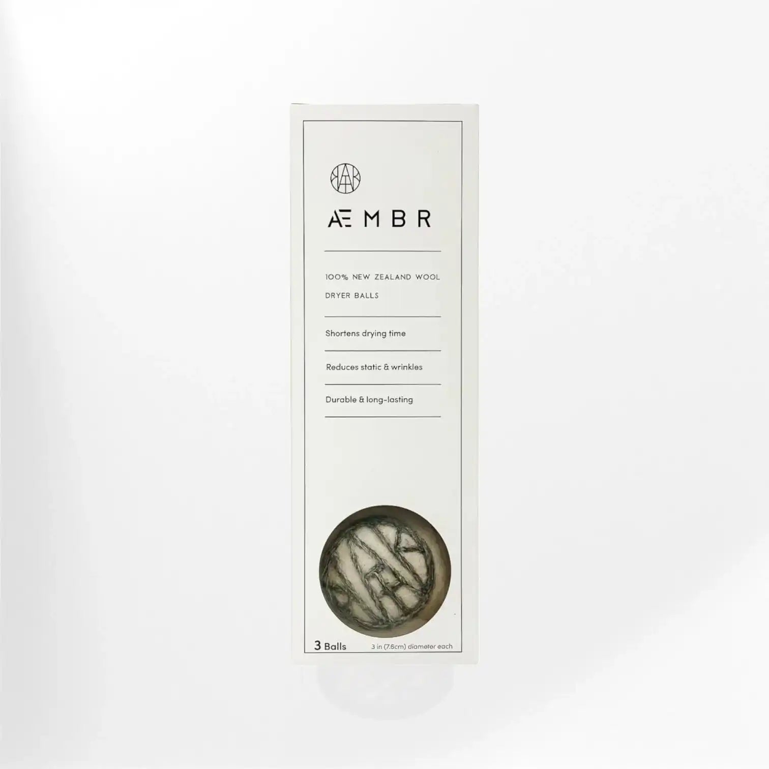 AEMBR 100% New Zealand wool dryer balls packaging, white box with see-through window, eco-friendly laundry product.