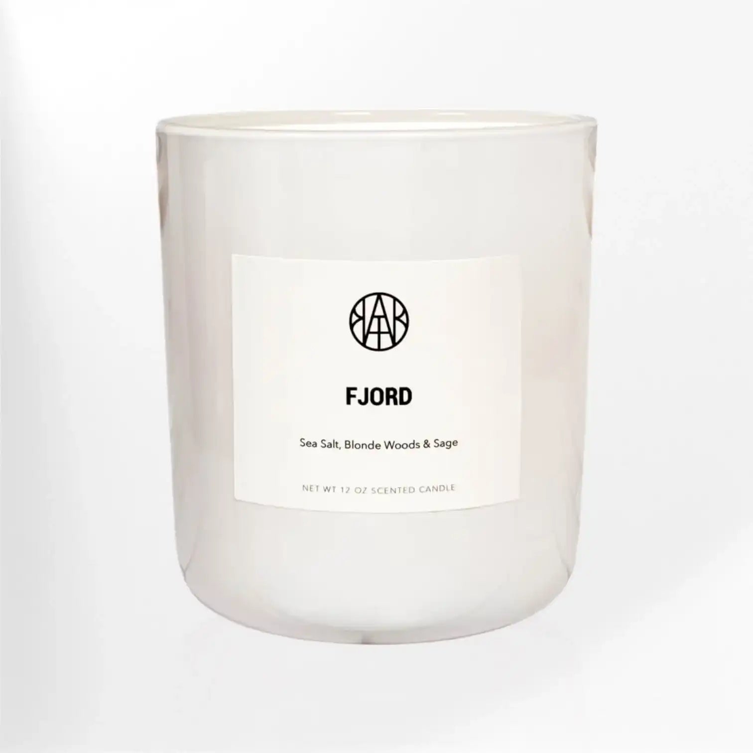 AEMBR FJORD candle in a white glass vessel with minimalist label, non-toxic home fragrance