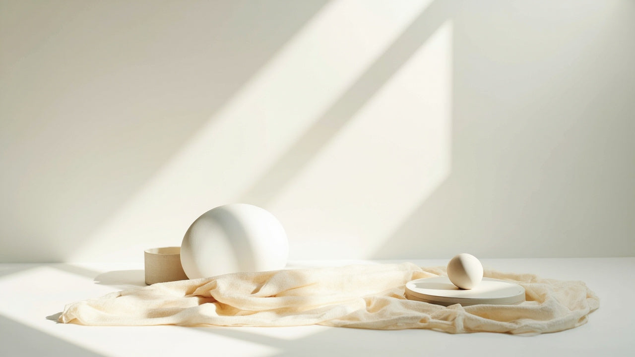 Minimalist AEMBR home decor with white ceramic shapes and neutral fabric in natural light