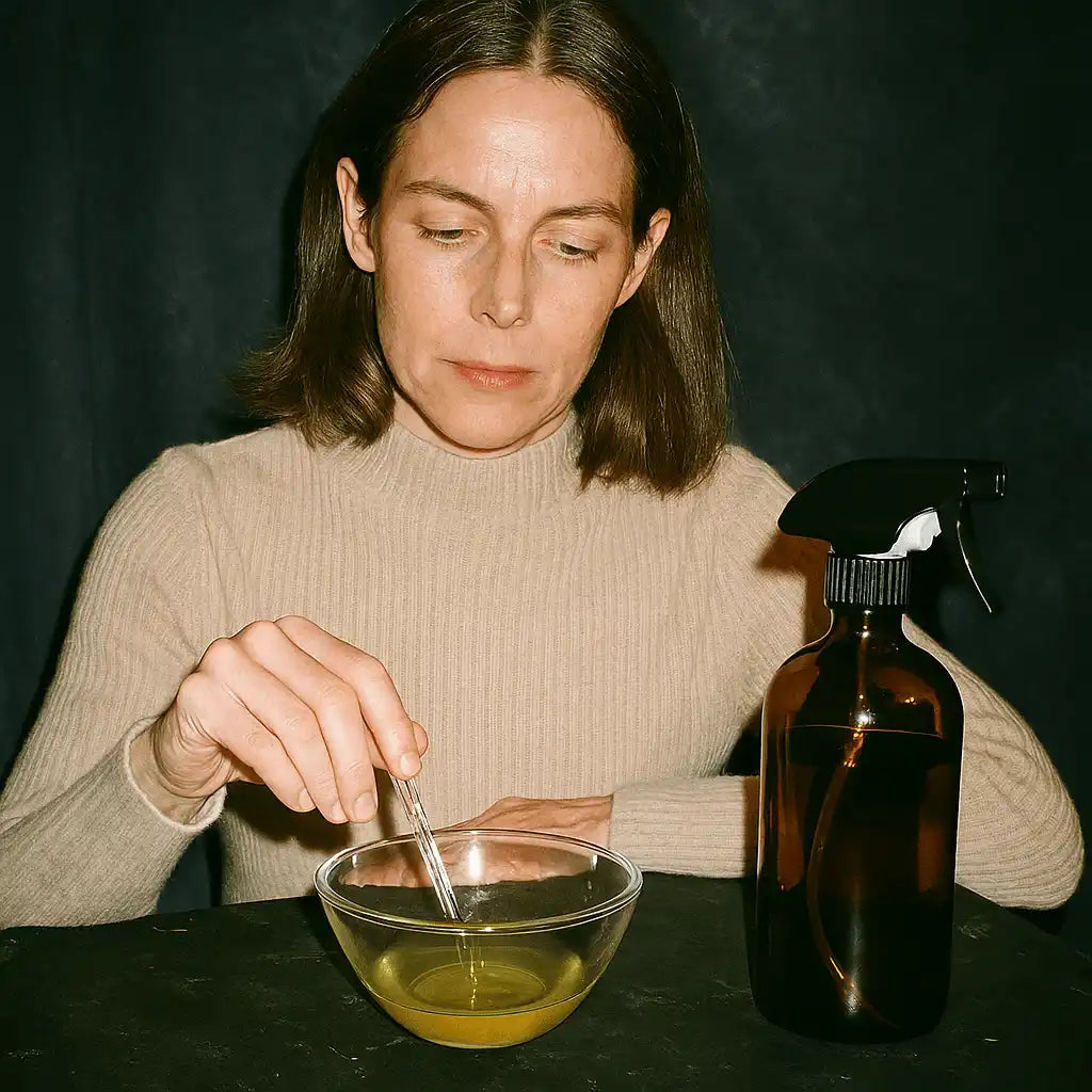 Woman mixing homemade non-toxic mosquito repellent in glass bowl with spray bottle, AEMBR