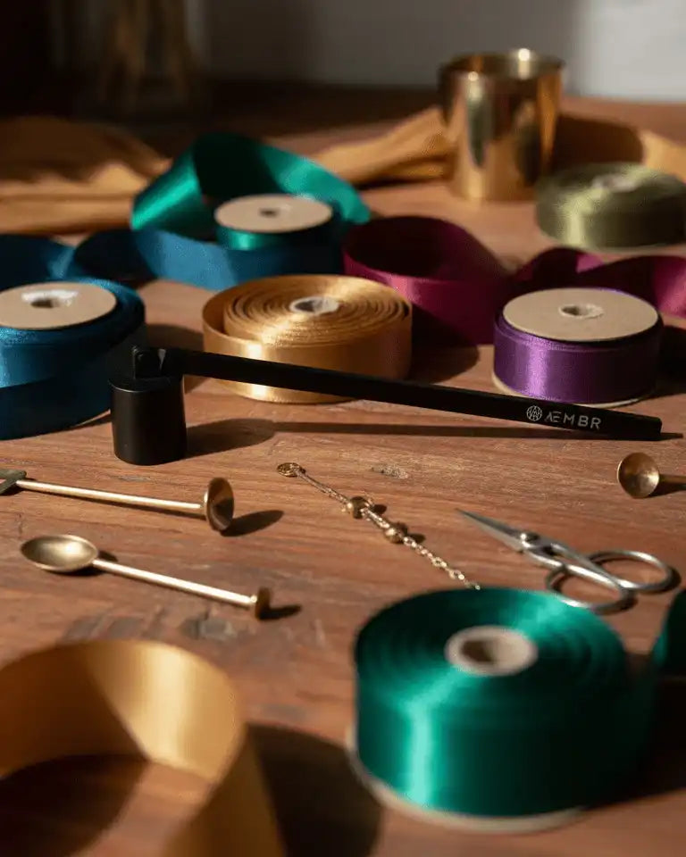 Black non-toxic candle snuffer and gold wick trimmer surrounded by colorful ribbon rolls