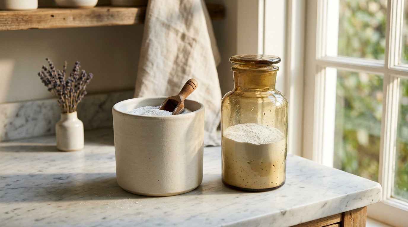 Laundry powder vessel beside an apothecary jar, shelf-life still life — AEMBR