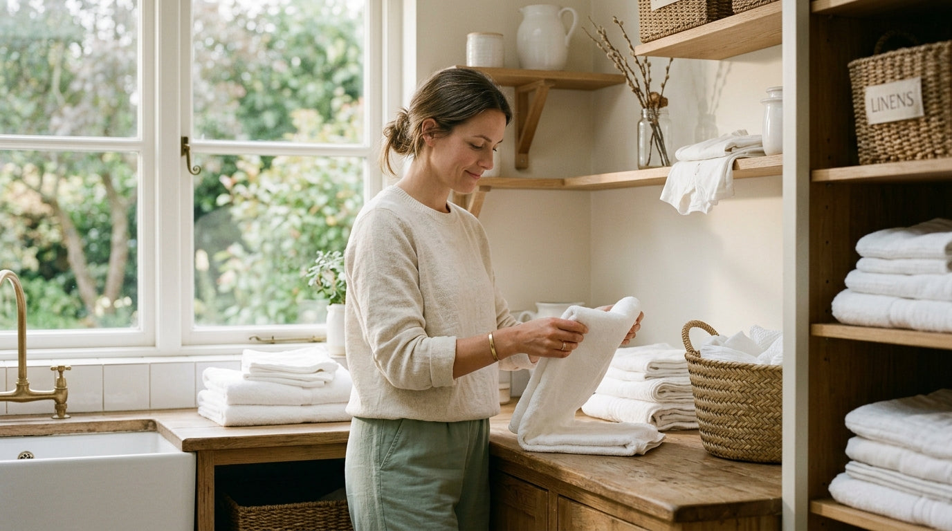 Mother folding clean laundry near a sunlit window, editorial lifestyle