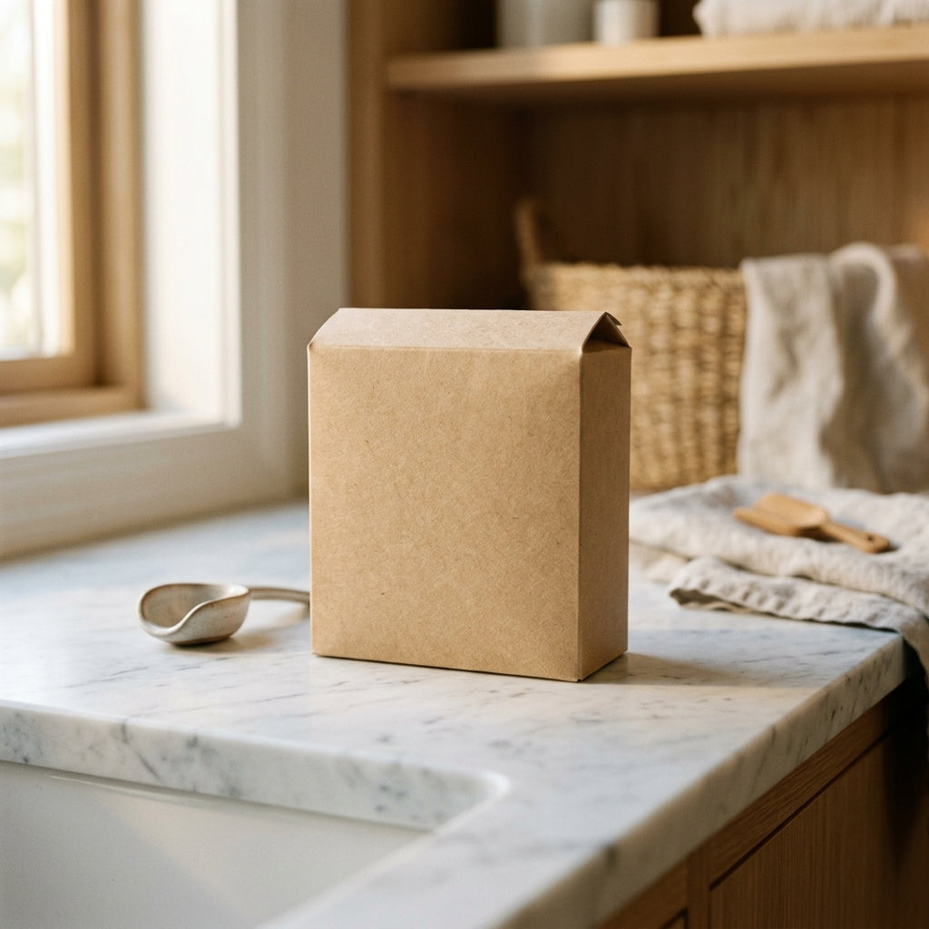 Minimal powder vessel on marble countertop, warm light, product editorial