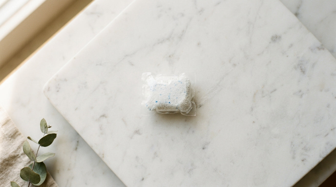 Editorial flat lay of a dishwasher pod on marble — AEMBR clean home
