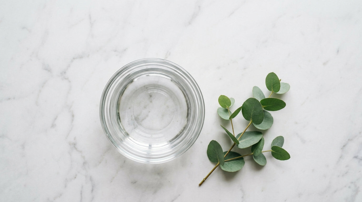 Glass bowl of clear liquid beside eucalyptus sprig on white marble — AEMBR clean home