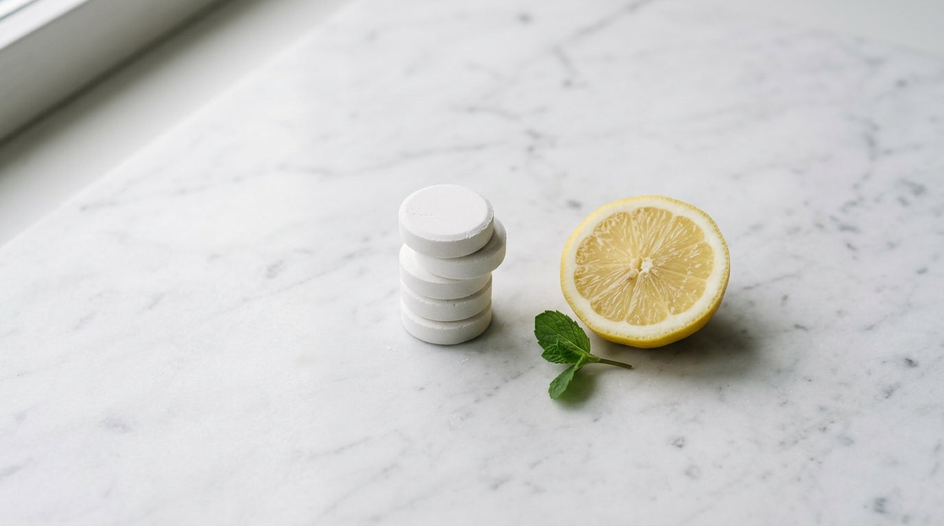 Stack of white cleaning tablets beside lemon and mint on marble — AEMBR non-toxic dishwasher detergent guide