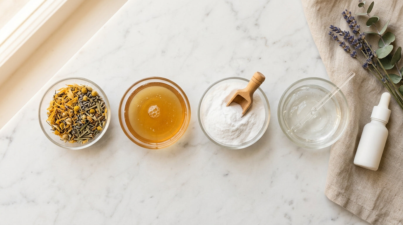 Editorial flat lay of plant-derived cleaning ingredients in glass bowls on white marble, warm natural light