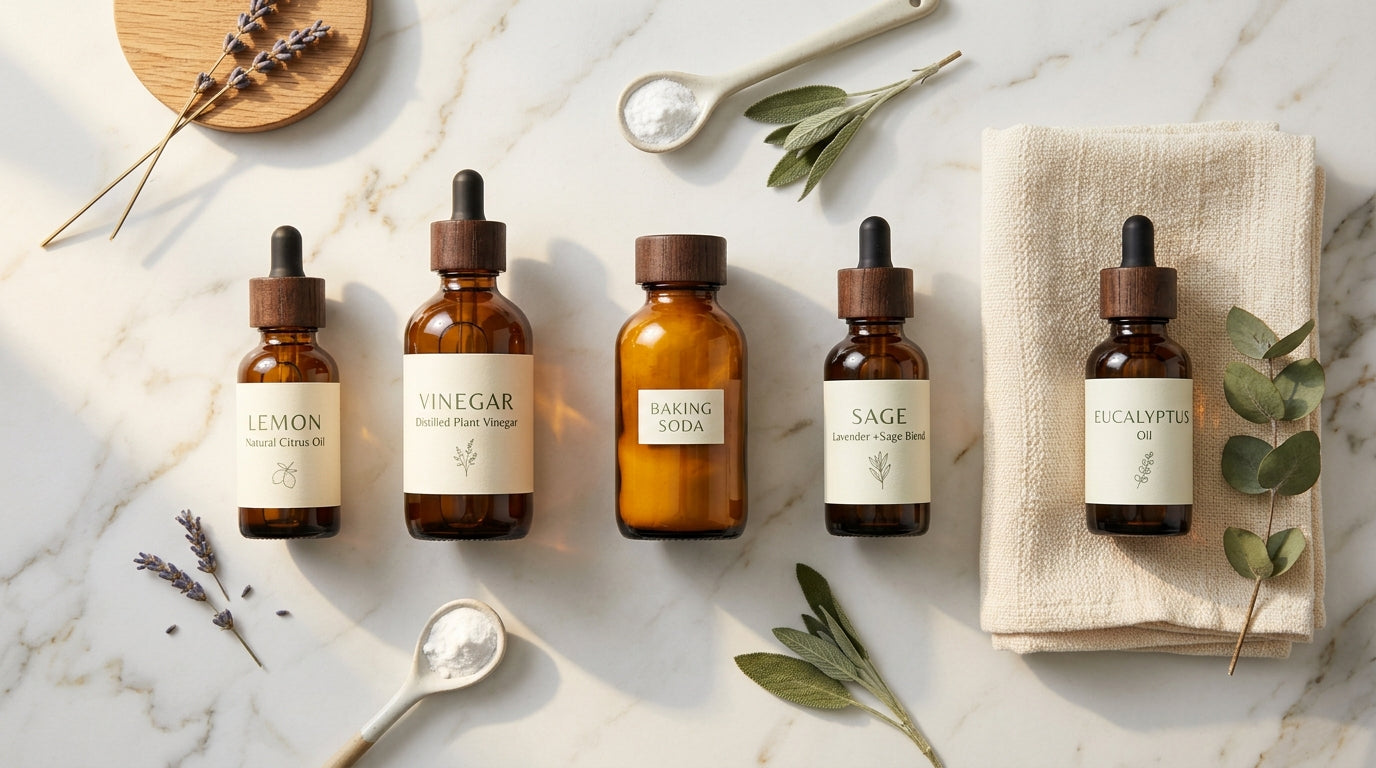 Editorial flat lay of clean plant-derived ingredient bottles on marble — AEMBR cleaning product label guide