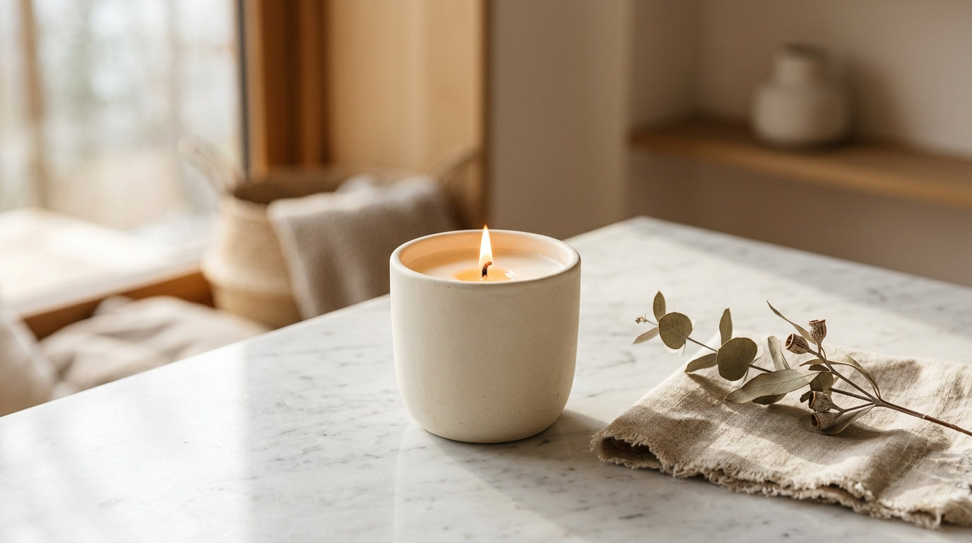 Luxury hand-poured candle burning on a marble surface with warm Scandinavian minimal styling