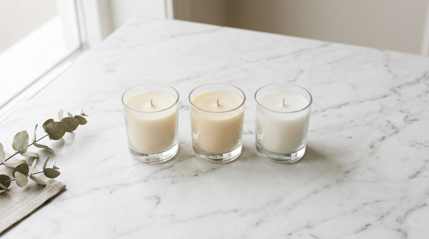 Three glass candle vessels on white marble — coconut apricot wax vs soy vs paraffin