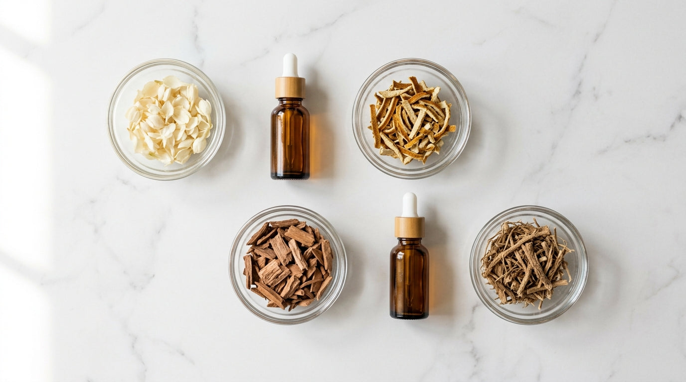 Editorial flat lay of plant-derived aromatic ingredients — jasmine petals, cedarwood, vetiver, bergamot — on white marble in warm Nordic light