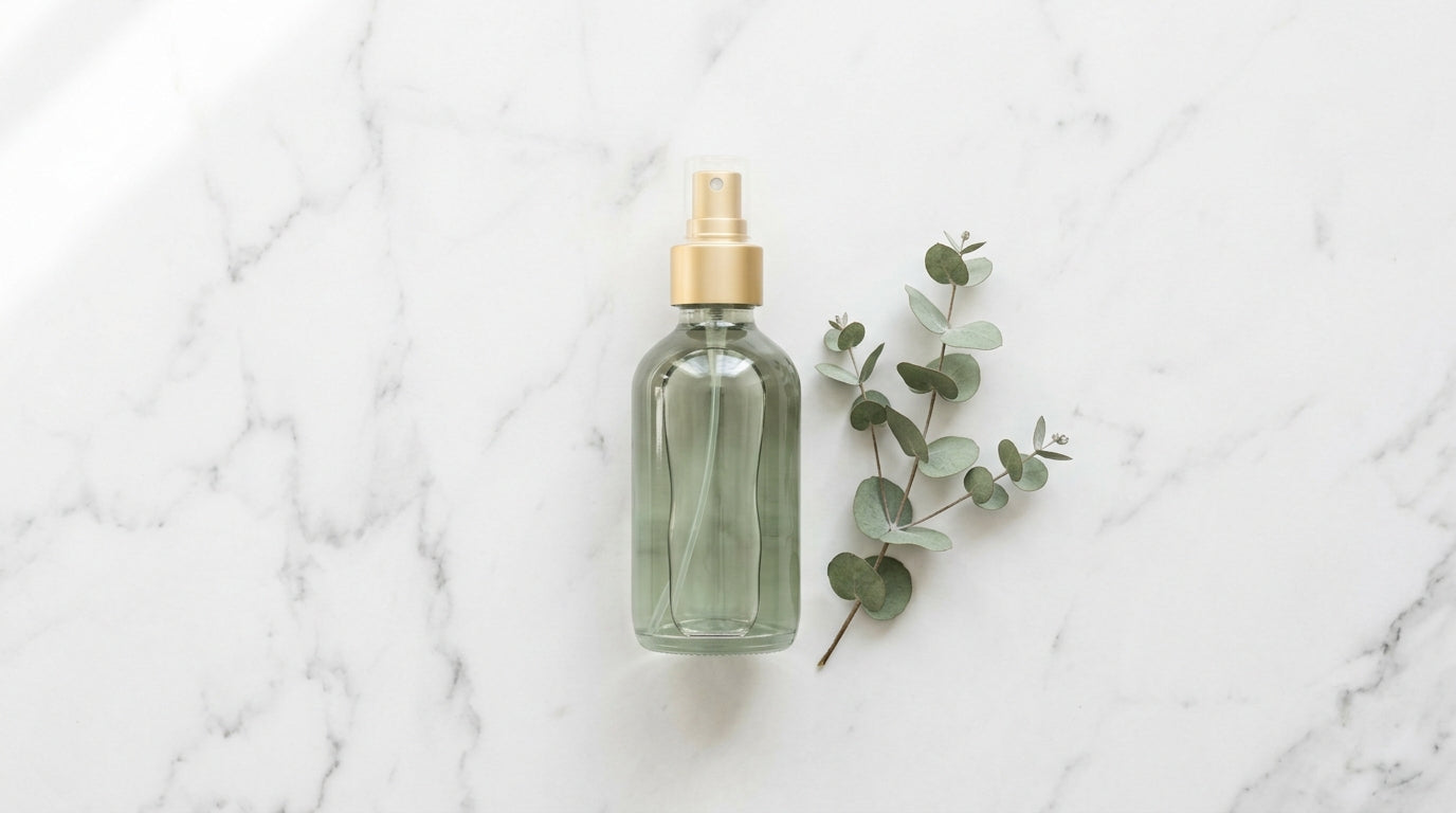 Glass pump spray bottle with eucalyptus on white marble — room spray safety