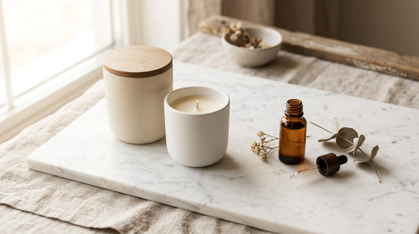 Minimal cream candle vessels and amber fragrance bottle on marble surface, Nordic aesthetic