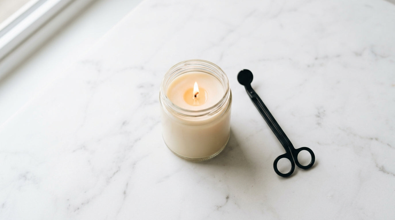 Lit candle in glass jar with wick trimmer on white marble