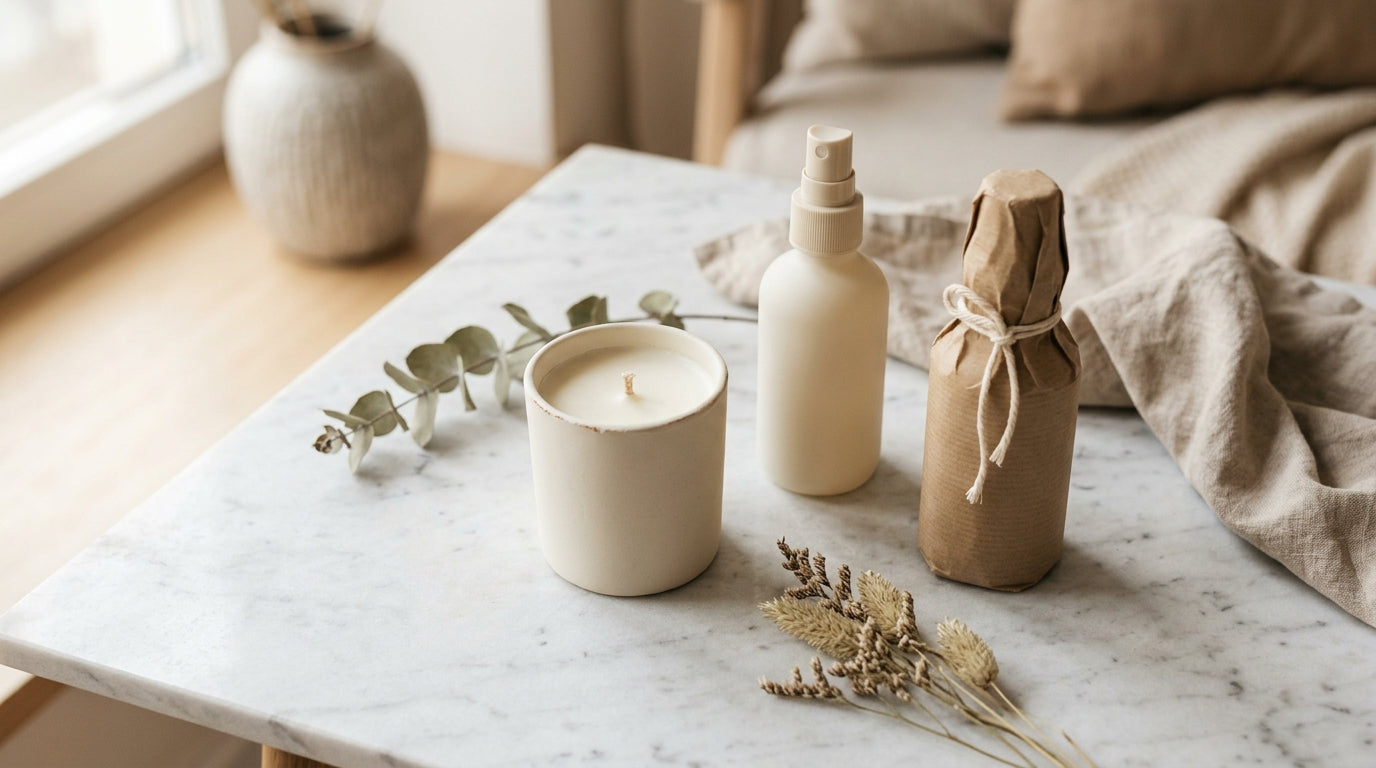Minimal cream and kraft candle and spray bottles on white marble surface with warm Nordic light