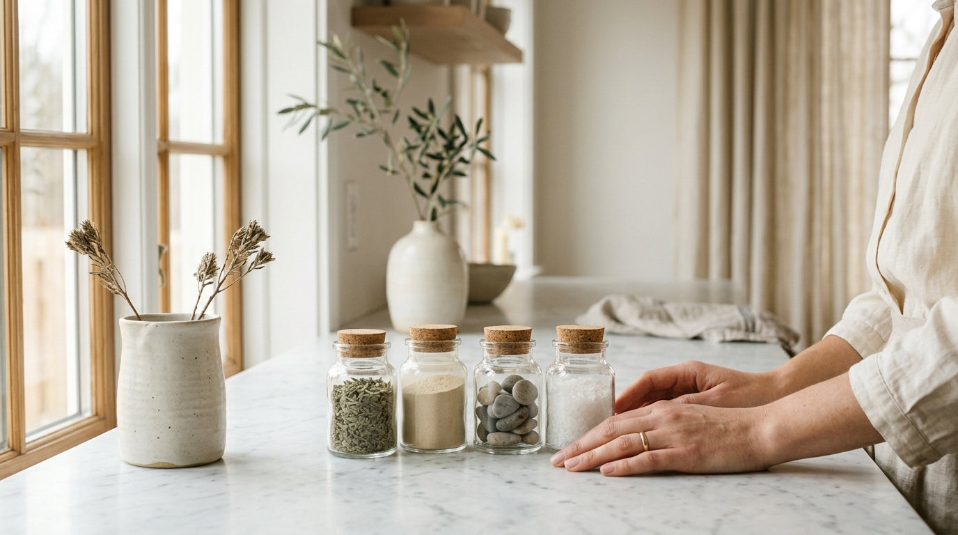 Physician founder's hands on marble countertop with glass jars of plant-derived ingredients in a minimal Scandinavian interior