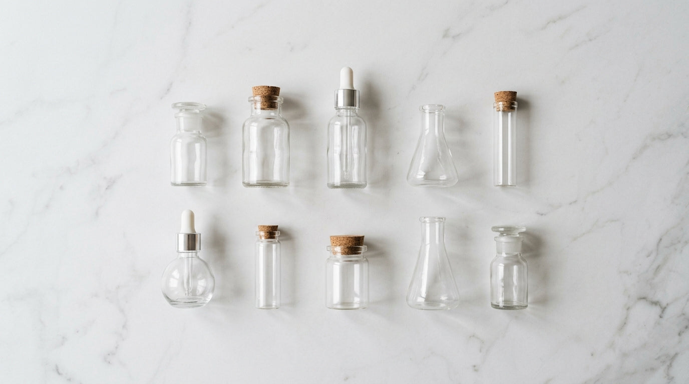 Ten glass ingredient bottles and vials on white marble