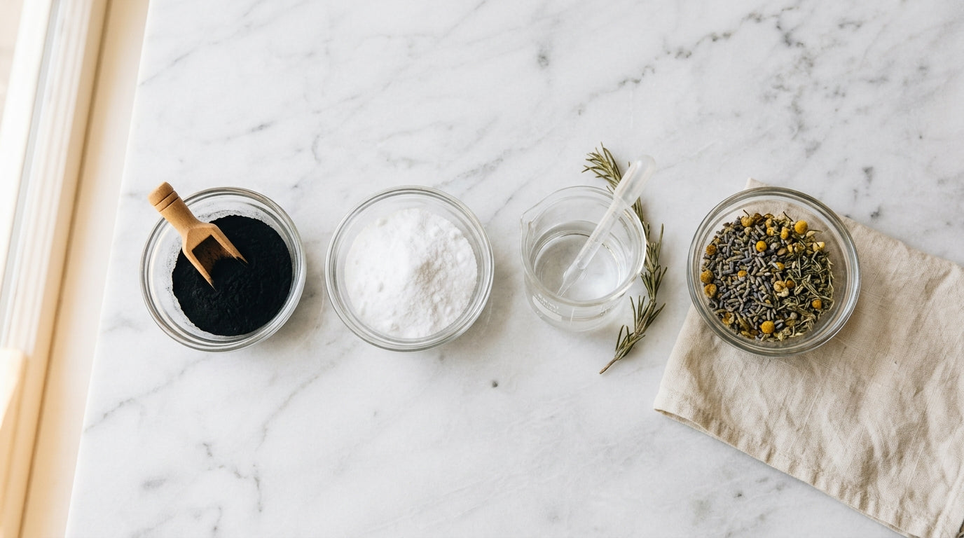 Flat lay of natural plant-derived cleaning ingredients in glass bowls on white marble, Nordic minimal aesthetic