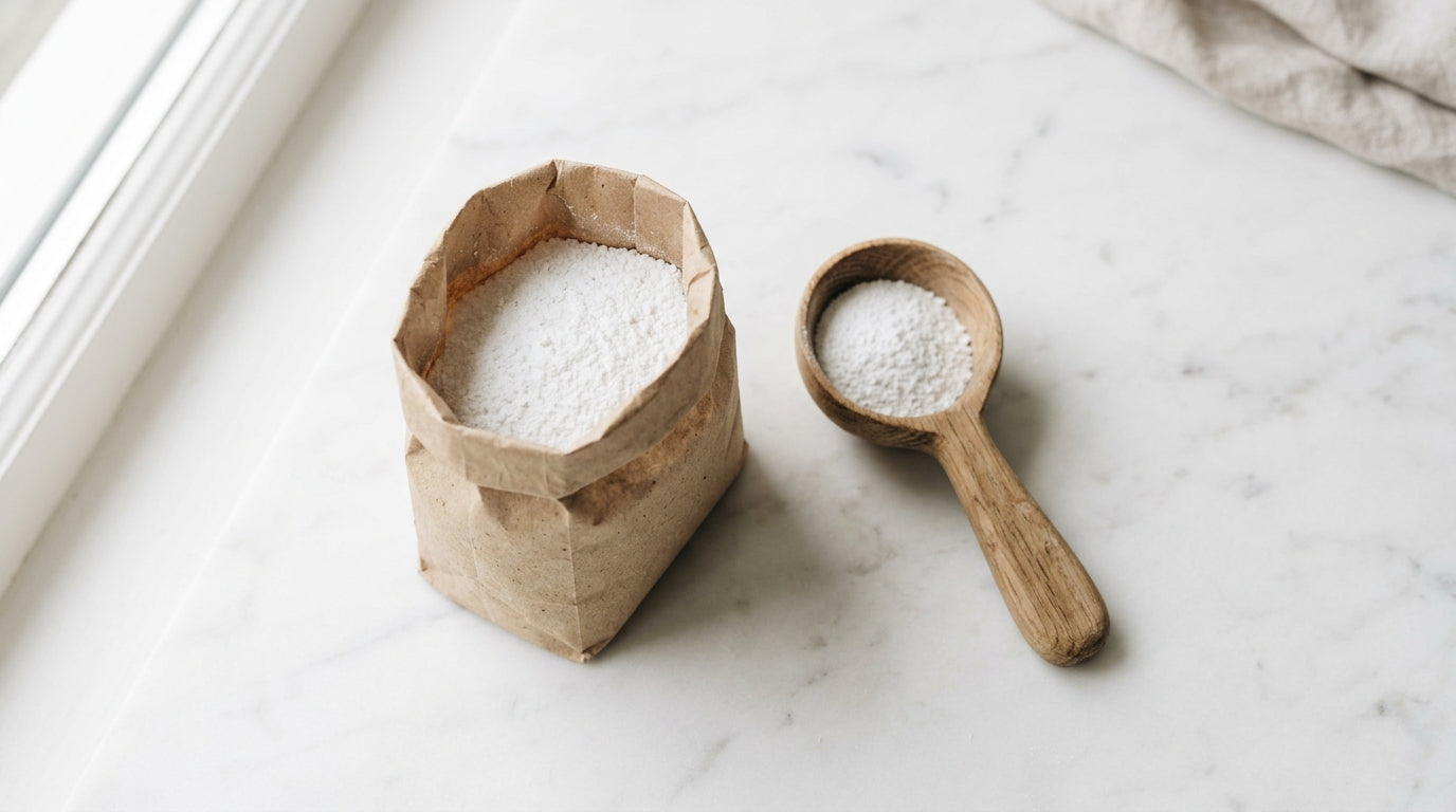Kraft paper bag of powder detergent beside a wooden measuring scoop on white marble