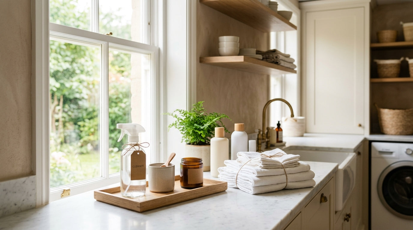 Bright Nordic kitchen with minimal clean product containers on marble counter, warm morning light