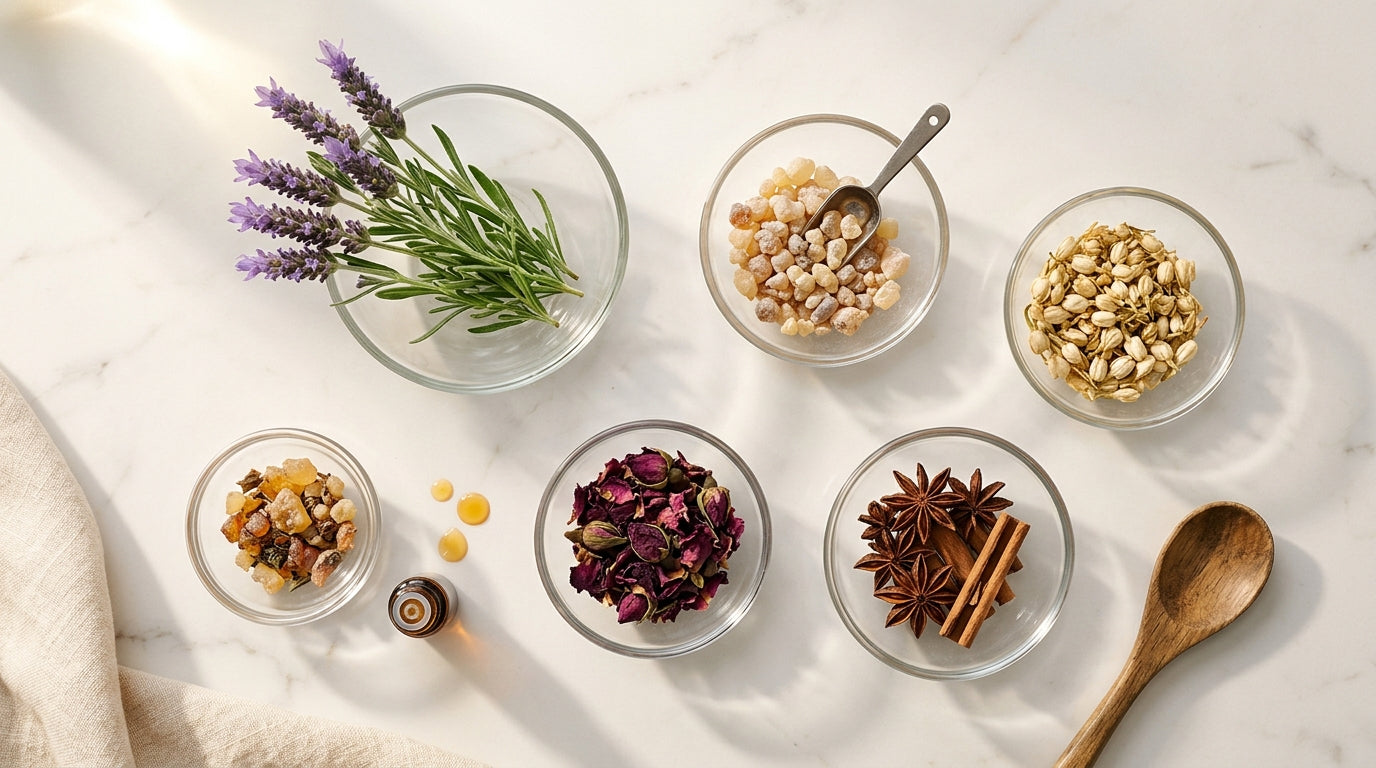 Flat lay of glass bowls with plant-derived aromatic botanicals on marble, Nordic minimal aesthetic