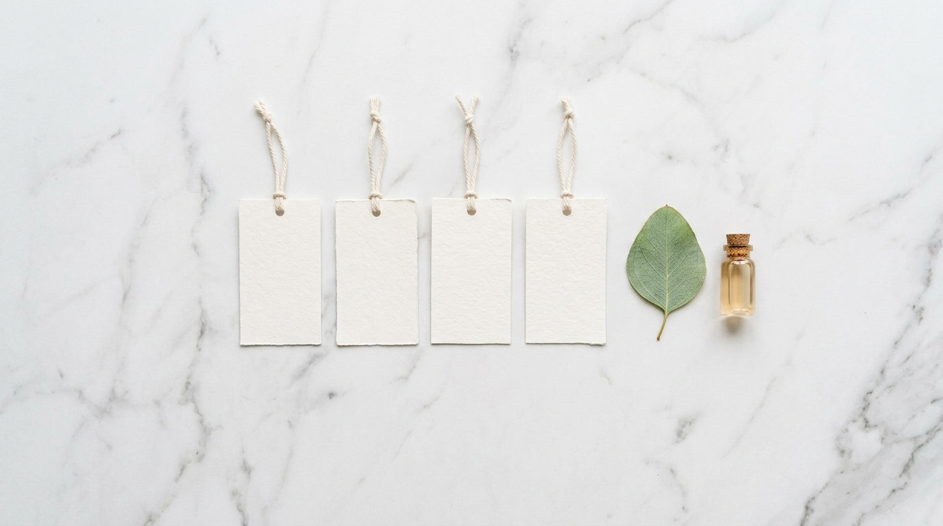Four blank white label tags in a row beside a green leaf and tiny glass bottle on white marble