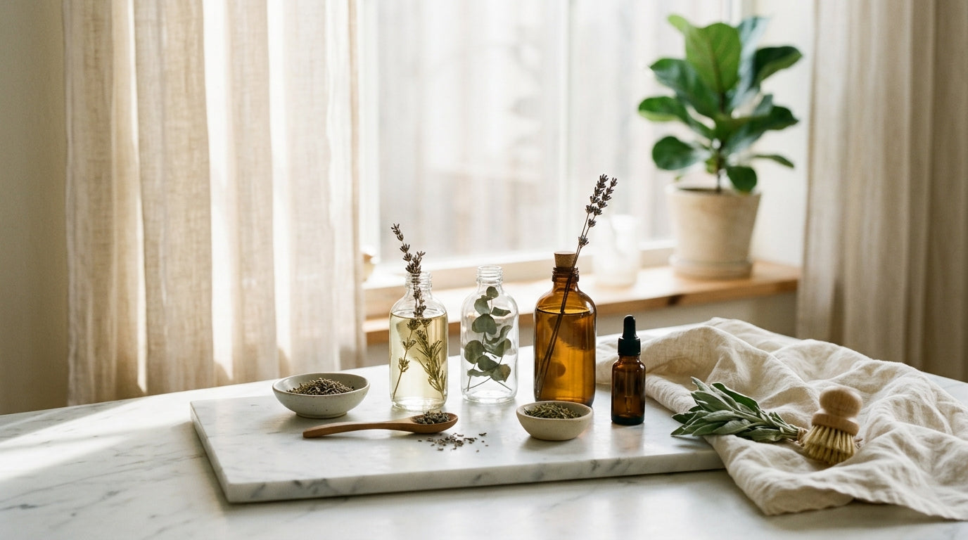 Bright Scandinavian-Nordic living space with warm natural light, marble surface, and botanical elements — AEMBR clean home guide