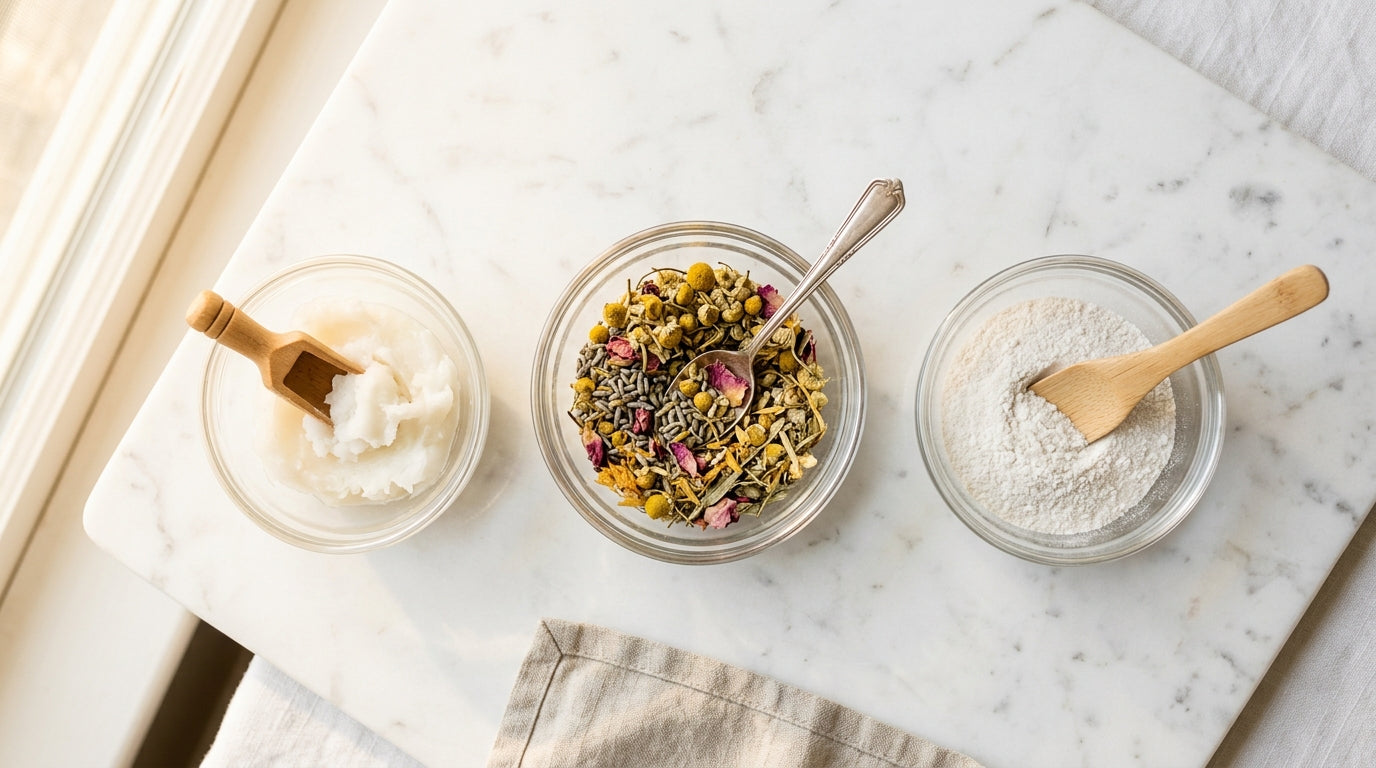 Clean plant-derived ingredients arranged on marble — AEMBR ingredient transparency