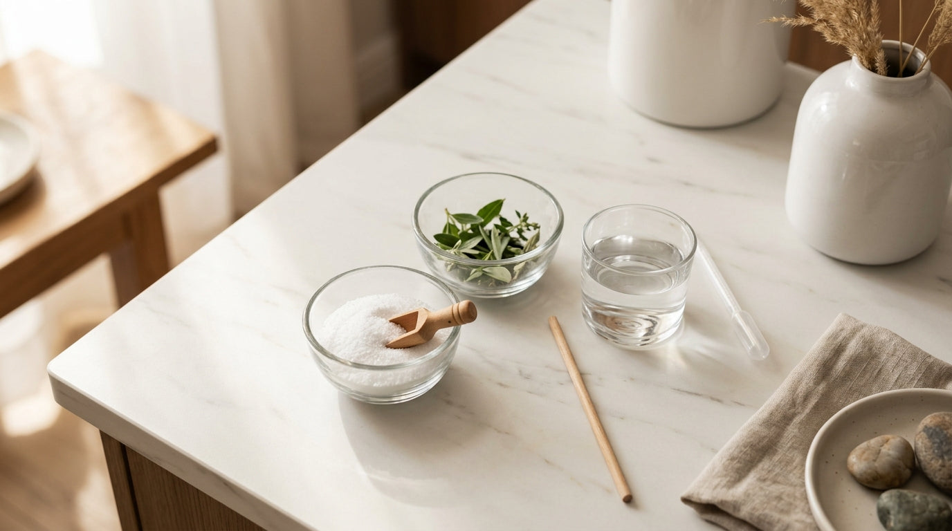 Flat lay of glass bowls with white mineral powder and green leaves on marble — borax ingredient editorial
