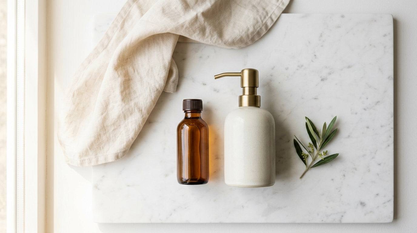 Castile soap bottle and dish soap dispenser on white marble with Nordic styling