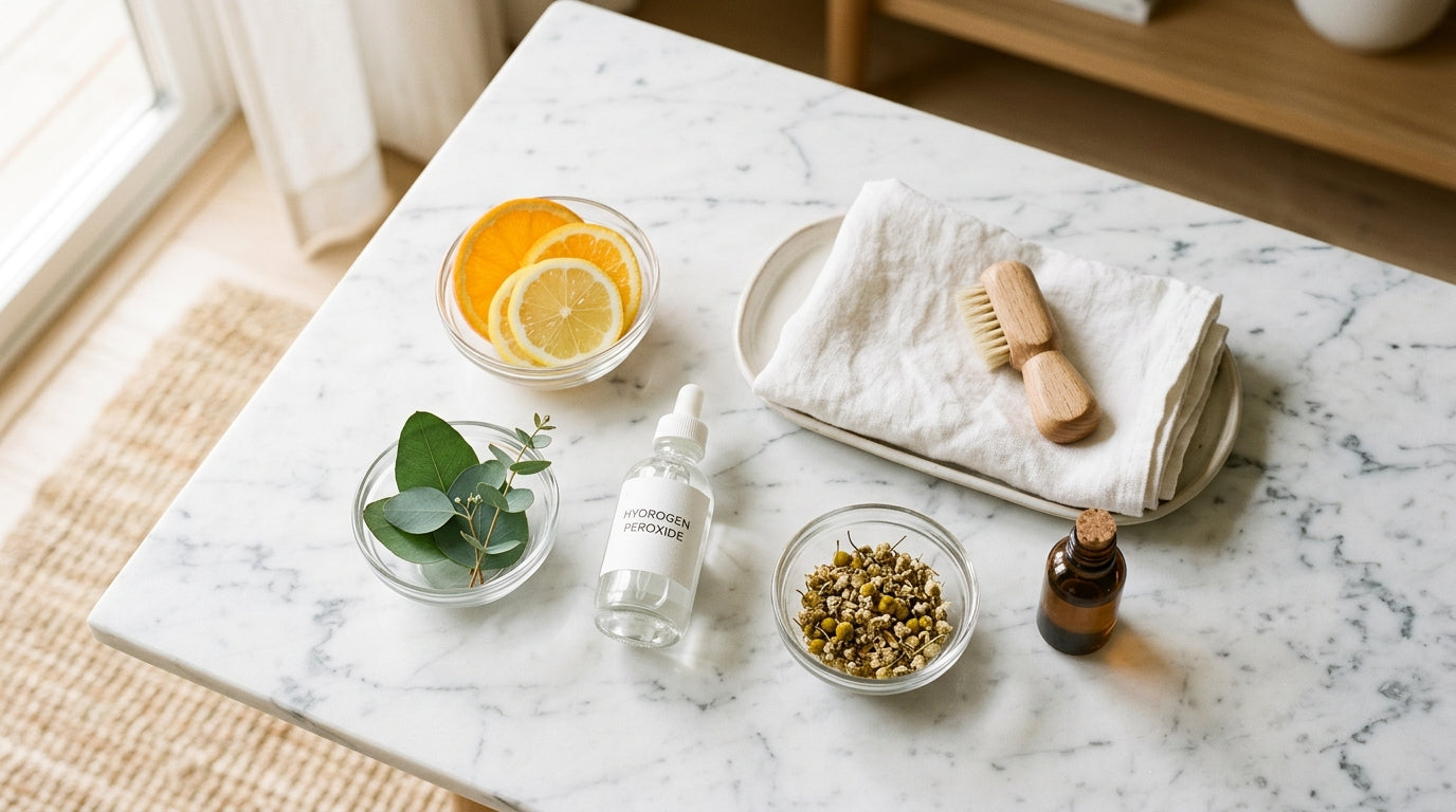 Flat lay of plant-derived cleaning ingredients in glass bowls on white marble — eucalyptus, citrus, hydrogen peroxide — Nordic minimal aesthetic