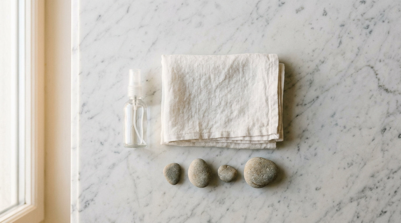 Minimal glass spray bottle and folded linen cloth on white marble countertop, Scandinavian home styling