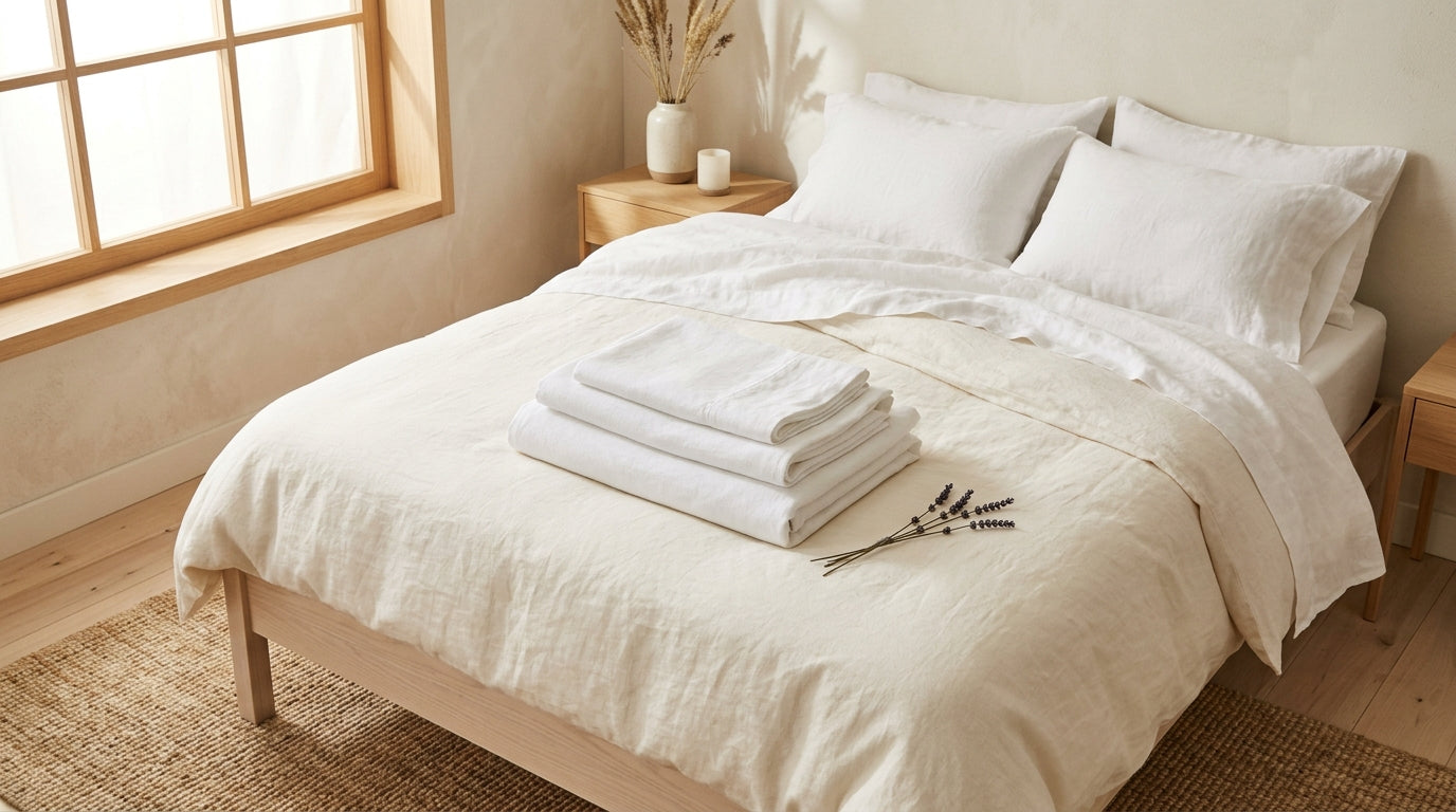 Freshly laundered white linen sheets folded on a minimalist Scandinavian bed with warm natural light and dried lavender