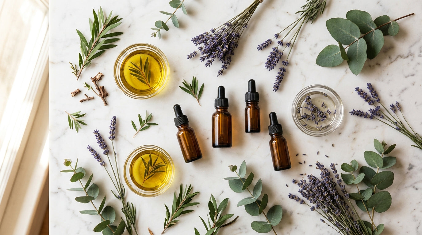 Essential oils in glass bowls and dropper bottles with tea tree, lavender, and eucalyptus botanicals on white marble