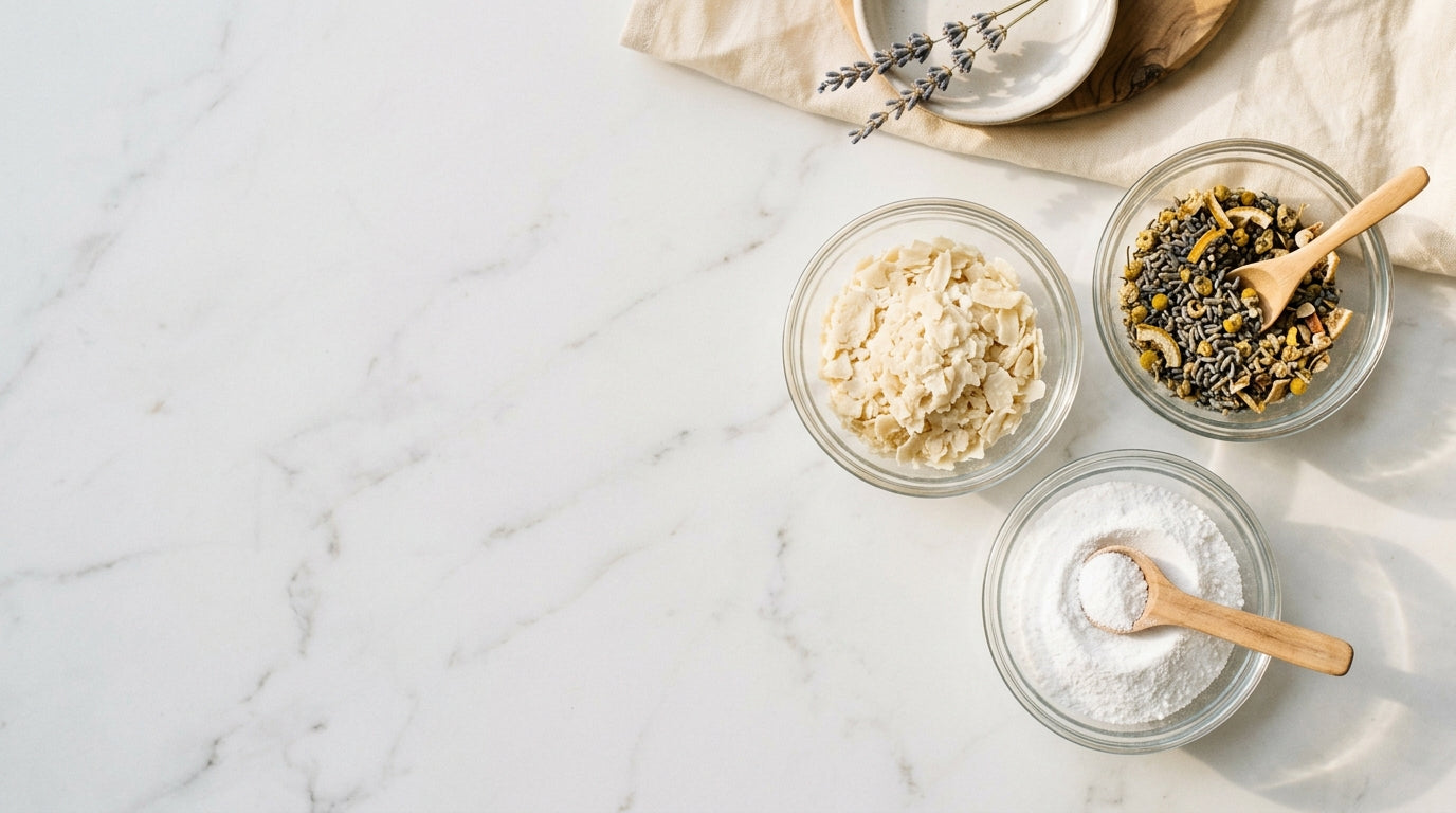 Flat lay of plant-derived laundry powder ingredients in glass bowls on white marble, Nordic minimal aesthetic
