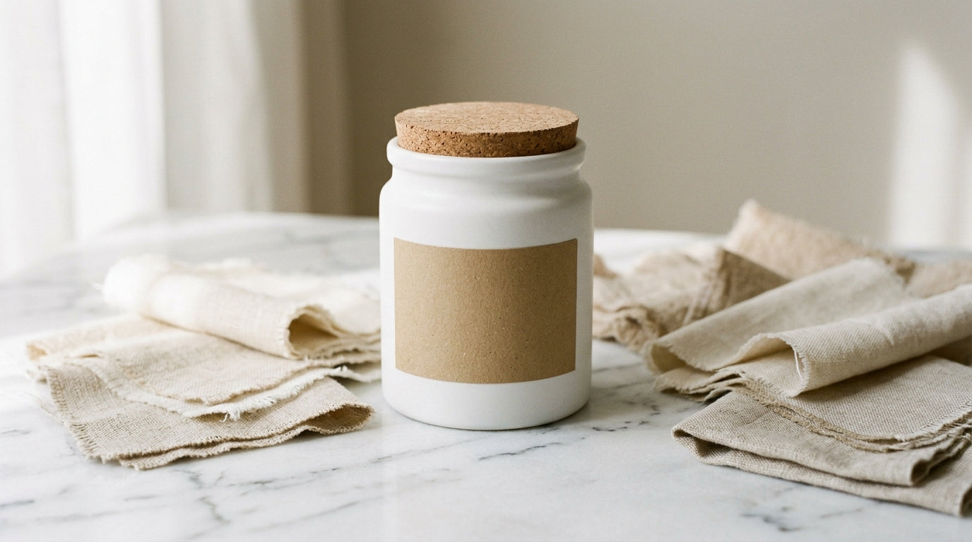 Minimal white powder laundry jar on marble with linen fabric swatches, Nordic aesthetic