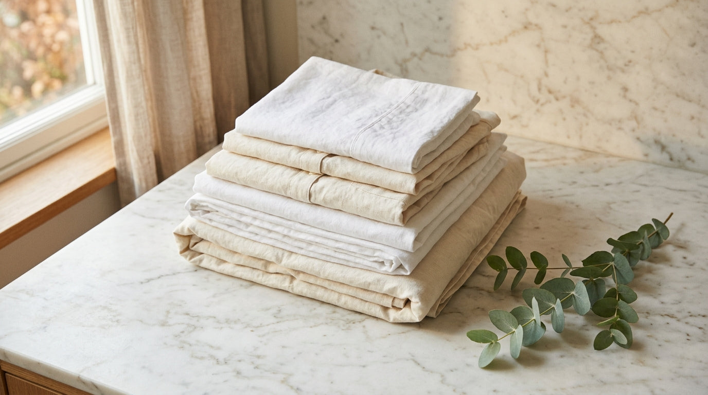 Freshly laundered white and cream linen clothes folded on marble with eucalyptus, Nordic minimal aesthetic