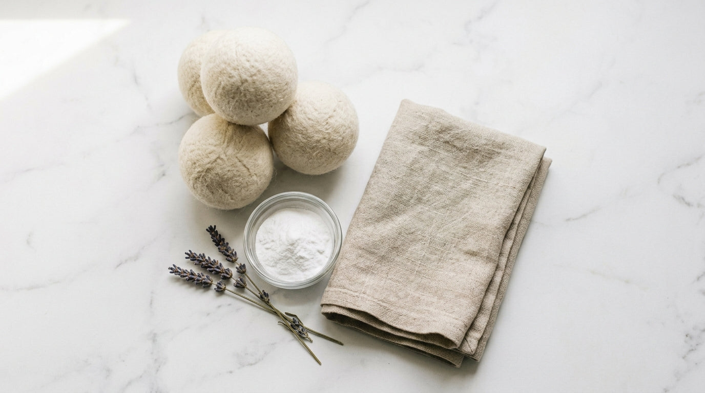 Wool dryer balls, lavender sprigs, and folded linen on marble — natural laundry alternatives to dryer sheets