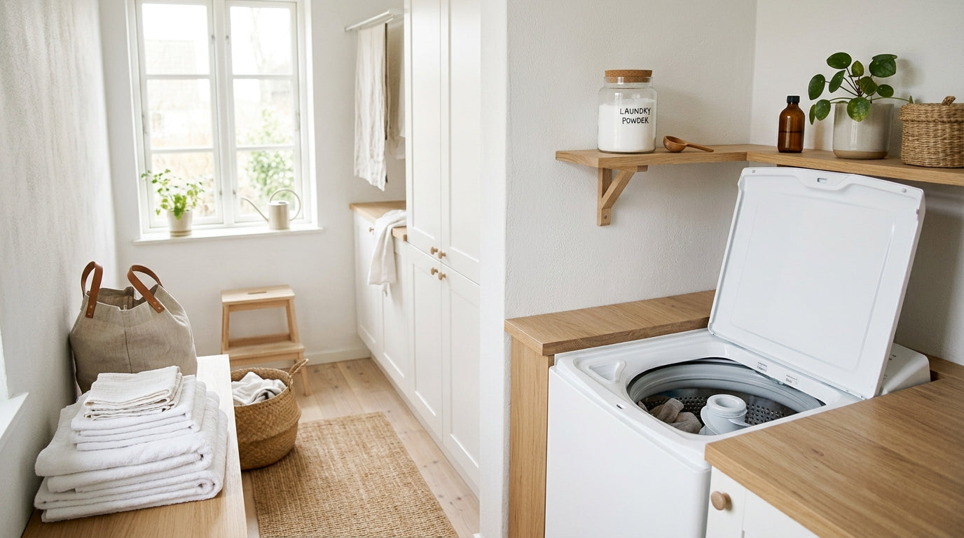 Clean Nordic laundry room with open top-loading washing machine, folded white linen towels, and glass bottle of laundry powder on a wooden shelf