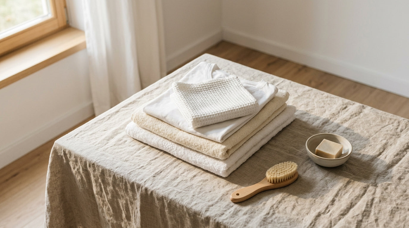 Neatly folded clean white laundry on a linen-covered table in a warm Nordic interior