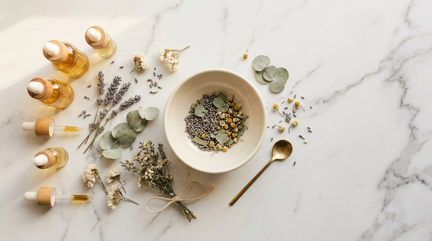 Flat lay of botanical ingredients and glass dropper bottles on white marble in a Nordic-minimal aesthetic