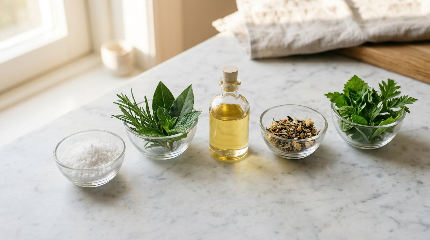 Glass bowls of plant-derived cleaning ingredients on white marble — editorial flat lay