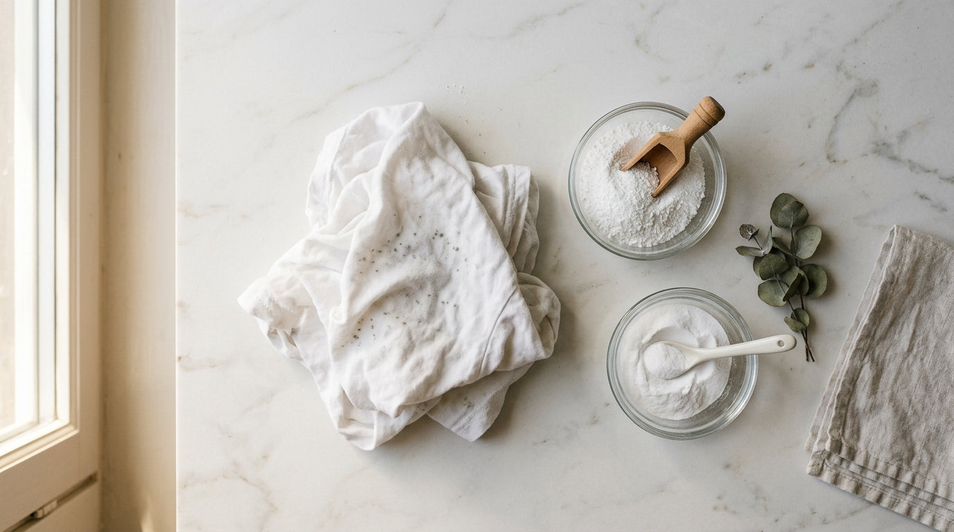 Flat lay of white cotton laundry fabric next to glass bowls of oxygen bleach powder on marble, warm Nordic light