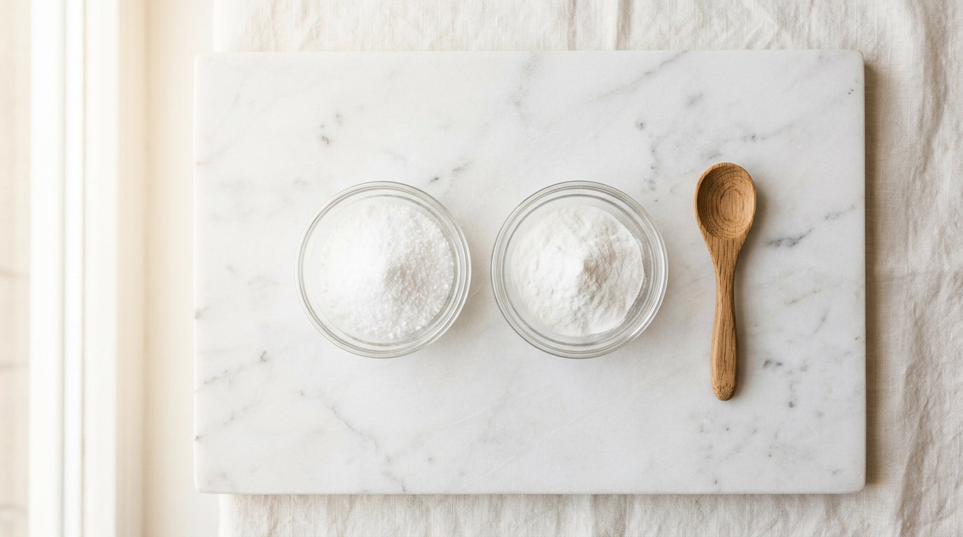 Two glass bowls of white powder on marble — washing soda vs baking soda comparison, Nordic aesthetic