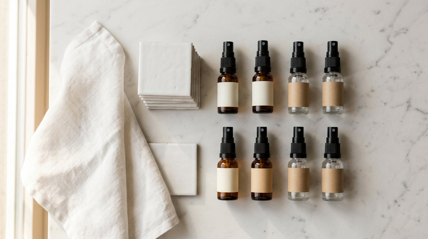 Minimal spray bottles and linen cloth arranged on white marble, editorial flat lay, Scandinavian aesthetic