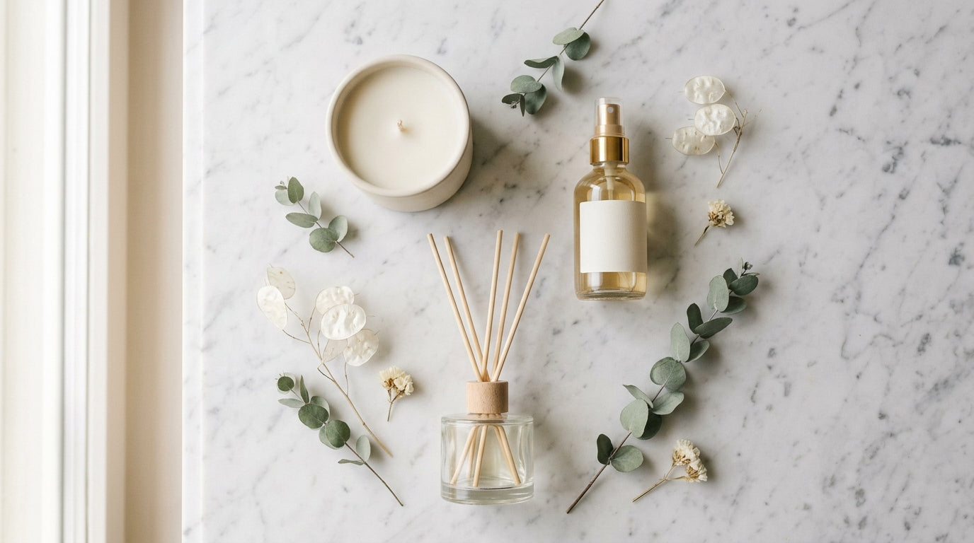 Minimal cream candle, pump room spray, and reed diffuser arranged on white marble with dried eucalyptus — Nordic home scenting flat lay