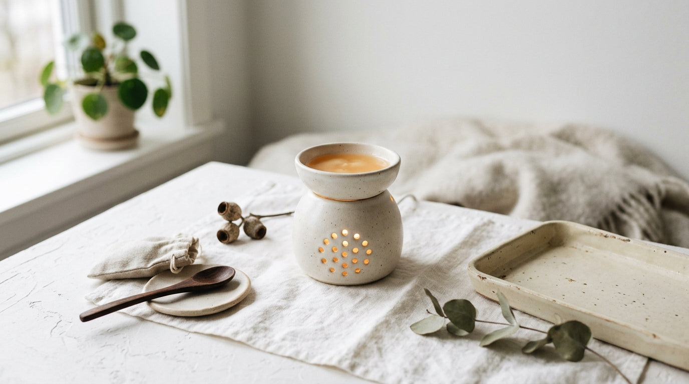 Minimal ceramic wax melt warmer with warm ambient glow on a clean Nordic-style surface