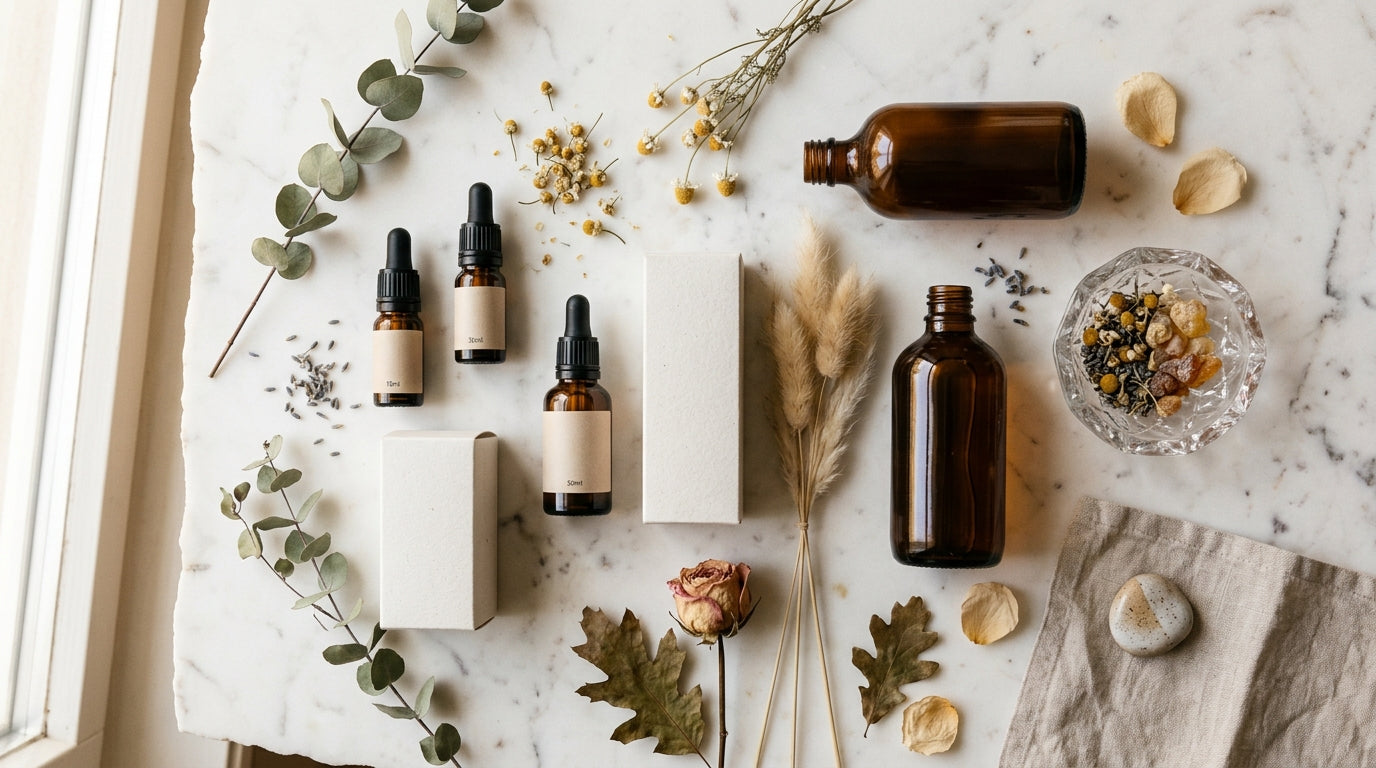 Clean fragrance products arranged on white marble with dried botanicals — editorial flat lay