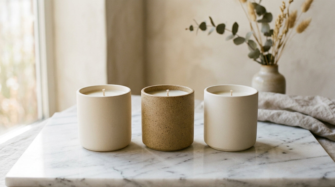 Three minimal cream candle vessels on white marble surface with warm Nordic lighting
